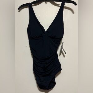 Jantzen Black V-Neck Ruched One-Piece Swimwear
